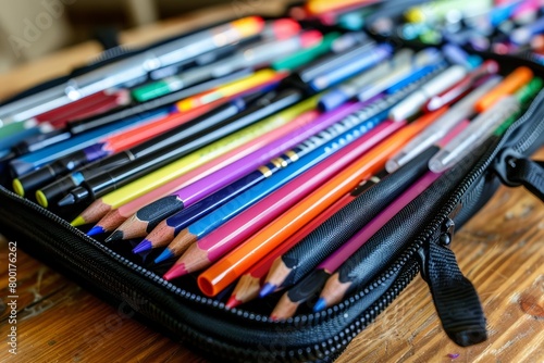 A close-up of a pencil case filled with colored pencils and pens.