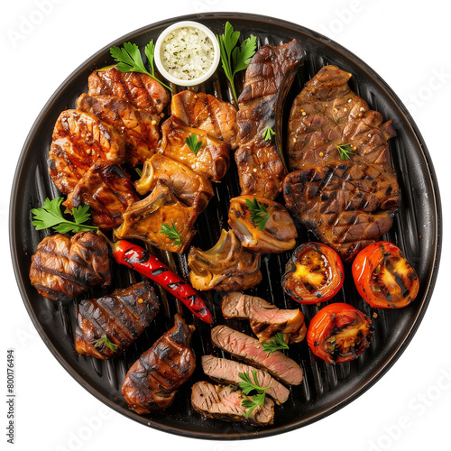 isolated grilled meat with vegetables on a black plate, top view photo