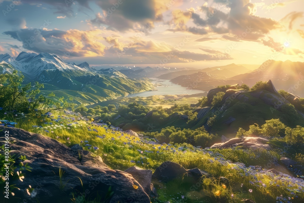 A scenic view of the cascading hills bathes in the sunset light, realistic cinematic color high detail landscape background A scenic view of the cascading hills bathes in the sunset light, realistic cinematic color high detail landscape background
