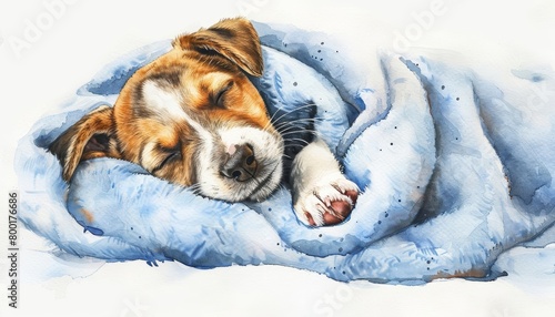 A sleepy puppy cuddles in a soft blue blanket, watercolor painting on a white background photo