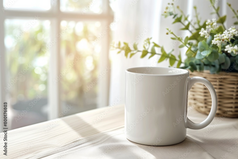 White Blank Mug Mockup in Photographic Scene created with Generative AI White Blank Mug Mockup in Photographic Scene created with Generative AI
