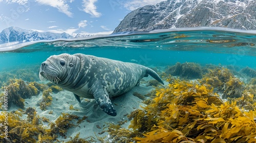 Wideangle depiction of a Stellers sea cow at ease in the crystalclear sea, its majestic form highlighted against the stunning marine backdrop photo