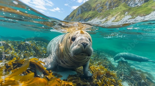 Wideangle depiction of a Stellers sea cow at ease in the crystalclear sea, its majestic form highlighted against the stunning marine backdrop photo