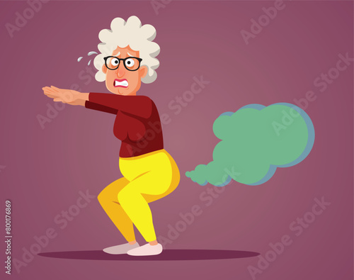 Elderly Woman Working out Passing Gas Vector Cartoon Illustration. Senior granny farting doing physical exercise feeling embarrassed 
