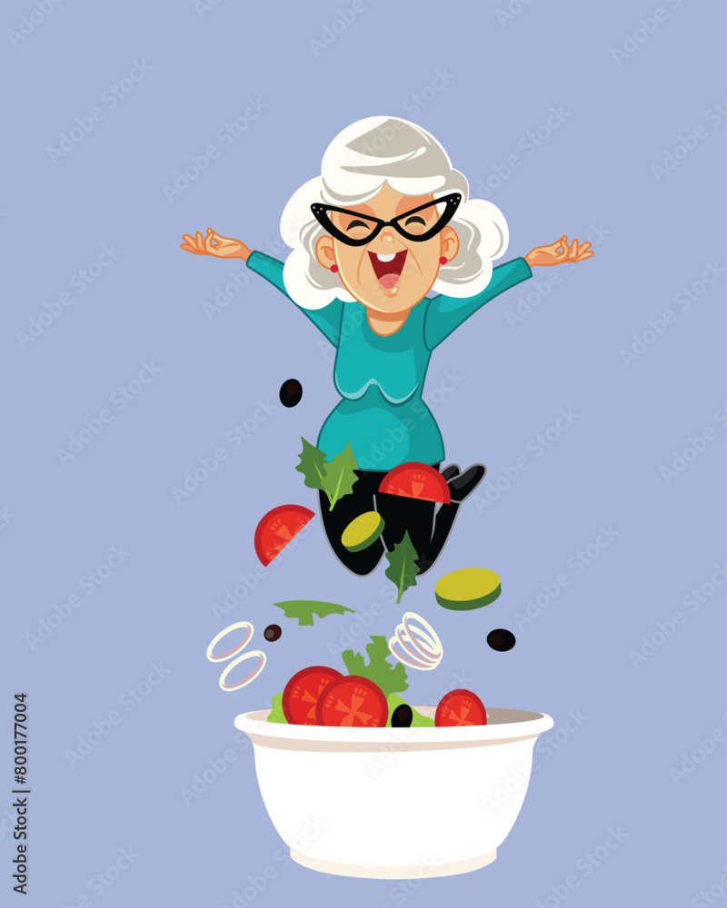 Naklejka premium Cheerful Senior Woman Eating Healthy Salad Vector Cartoon illustration. Happy grandma enjoying a vegetarian dish in Mediterranean style 
