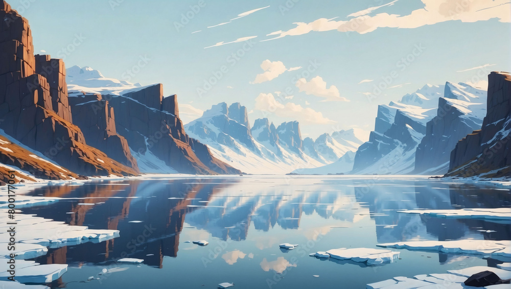 Minimalistic flat arctic fjords with steep cliffs and icy waters.