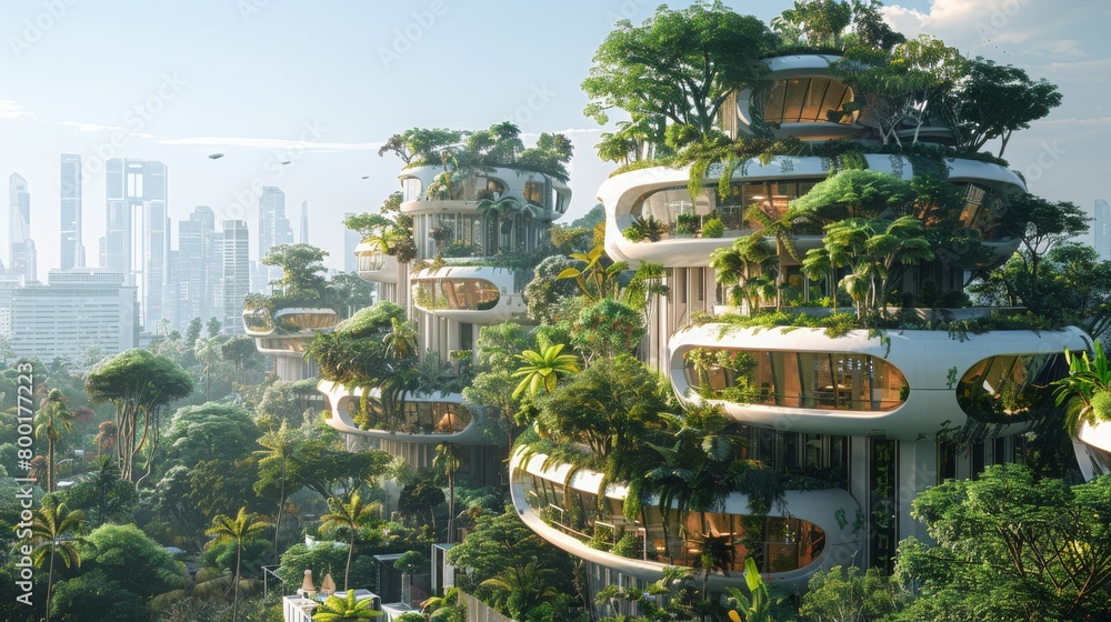 A futuristic city with tall buildings and a lush green forest
