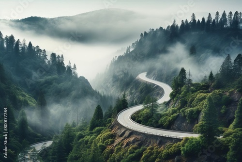 Foggy mountain pass with a winding road and evergreen trees shrouded in mist