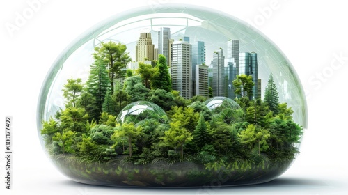 A glass globe with a city inside and a forest on the outside