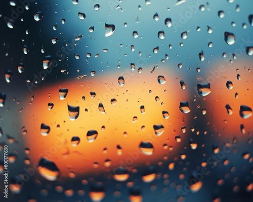 Glistening drops of rain on glass, with a focus on transparency and light reflections