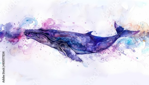 A whale surfaces, spouting water against the sky, watercolor painting on a white background photo