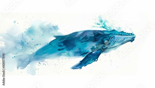 A watercolor painting of a blue whale jumping out of the water. The whale is in the center of the frame and is surrounded by splashes of water. The background is white.