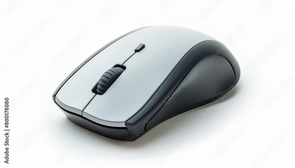 A gray and black computer mouse on a white background. A gray and black computer mouse on a white background.