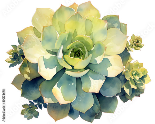 Kiwi Aeonium with rosettes of green and cream, dynamic watercolor, rocky coastal cliffs, watercolor, isolate. photo
