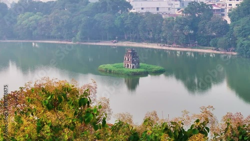 Hoan Kiem lake aerial drone view with Turtle Tower (Thap Rua) in Hanoi, Vietnam