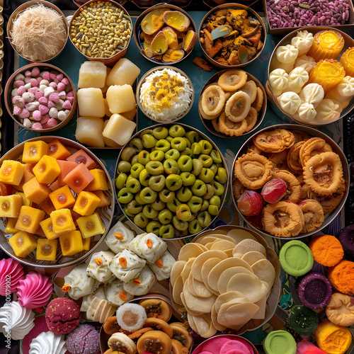 A festival sweets and snacks arranged in a colorful spread