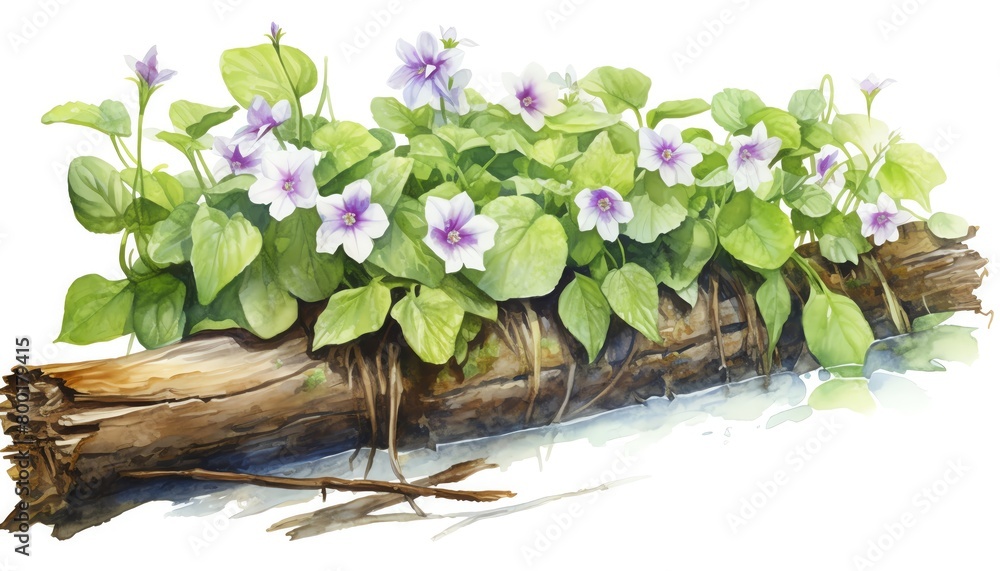 Morning dew on wild violets along a creekside log, delicate and refreshing, vivid in color, isolated on white background, watercolor Morning dew on wild violets along a creekside log, delicate and refreshing, vivid in color, isolated on white background, watercolor