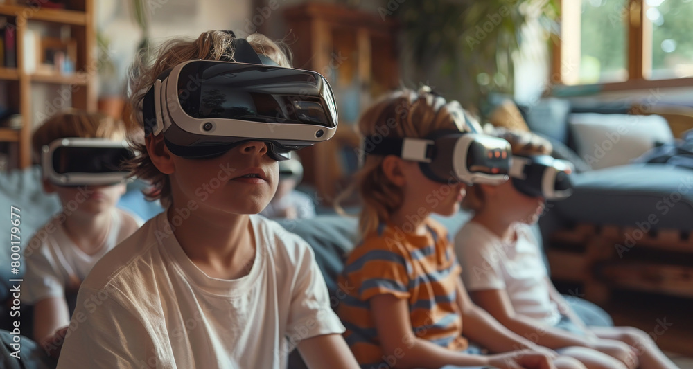 Fototapeta premium Children in VR headsets immersed in interactive digital experience at home, new generation addiction, banner