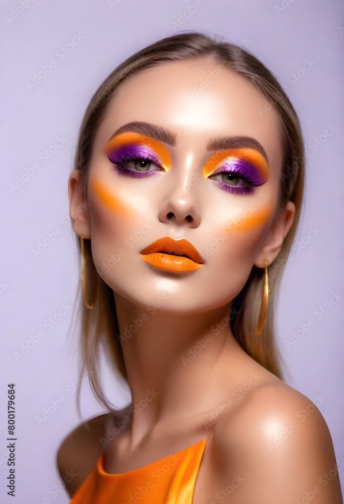 Young woman with striking orange and purple make up. Young woman with striking orange and purple make up.