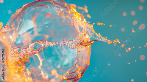 Dynamic splash of translucent water with droplets suspended against a vivid blue and orange background.
