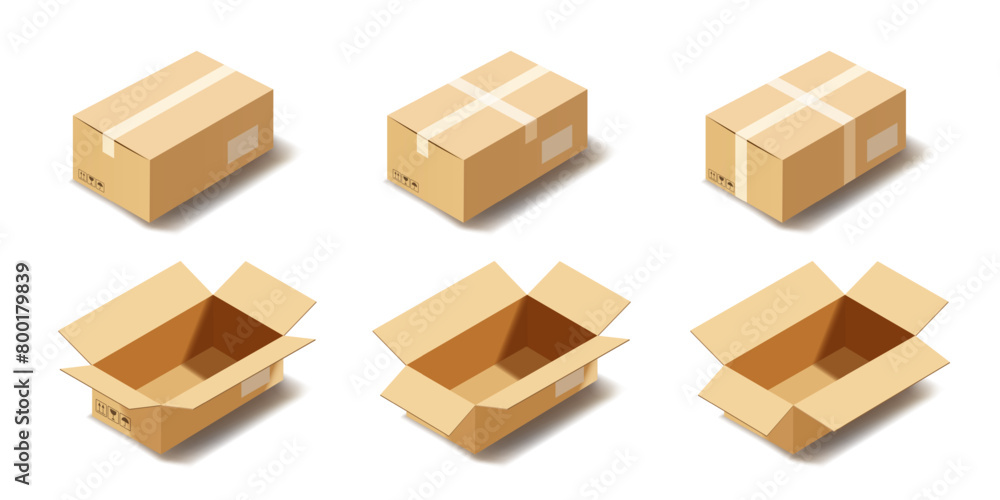 Realistic open and closed cardboard boxes mockup isometric set Realistic open and closed cardboard boxes mockup isometric set
