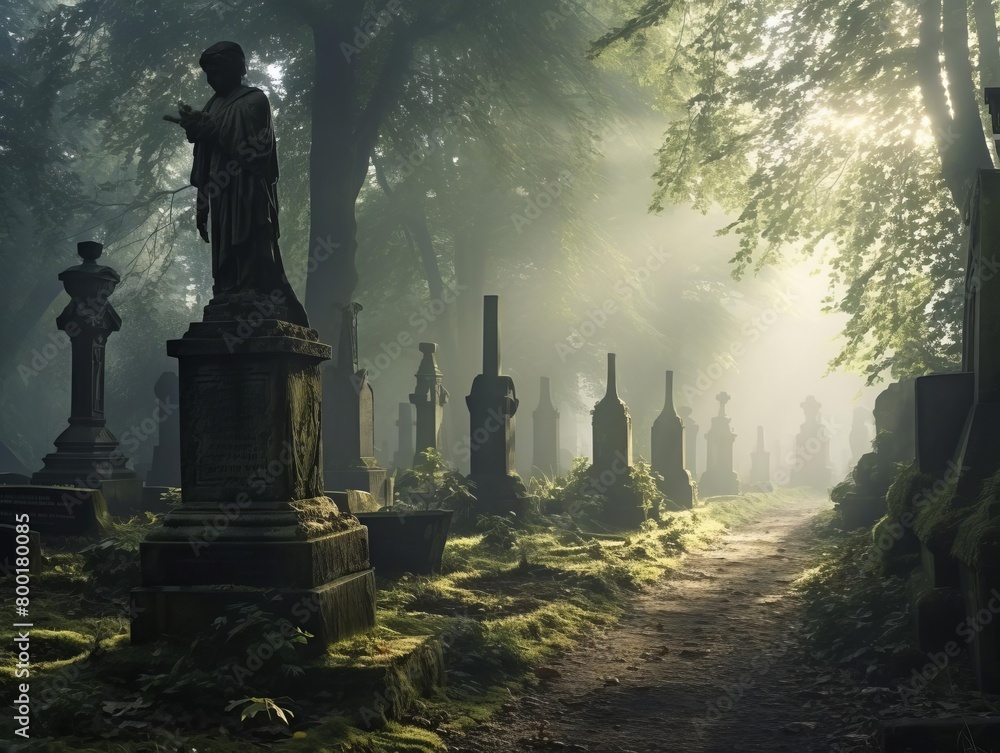 Peaceful cemetery with ancient tombstones and mosscovered statues during a foggy morning