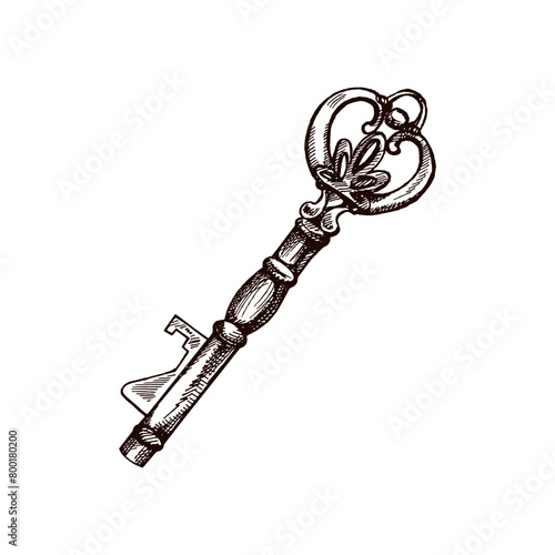 Hand-drawn vintage decorative keys sketches with intricate forging. Ink and pen drawing illustration, keys on white background.