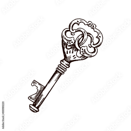 Hand-drawn vintage decorative keys sketches with intricate forging. Ink and pen drawing illustration, keys on white background.