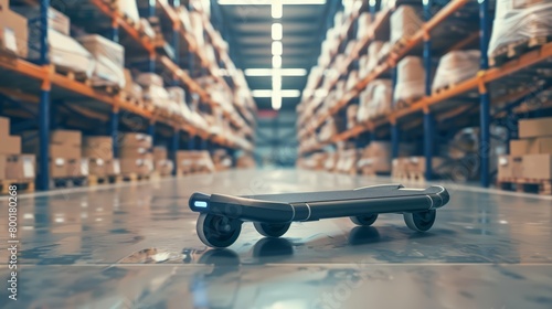 A close up of a black and gray self-balancing electric skateboard in an empty warehouse with selective focus photo