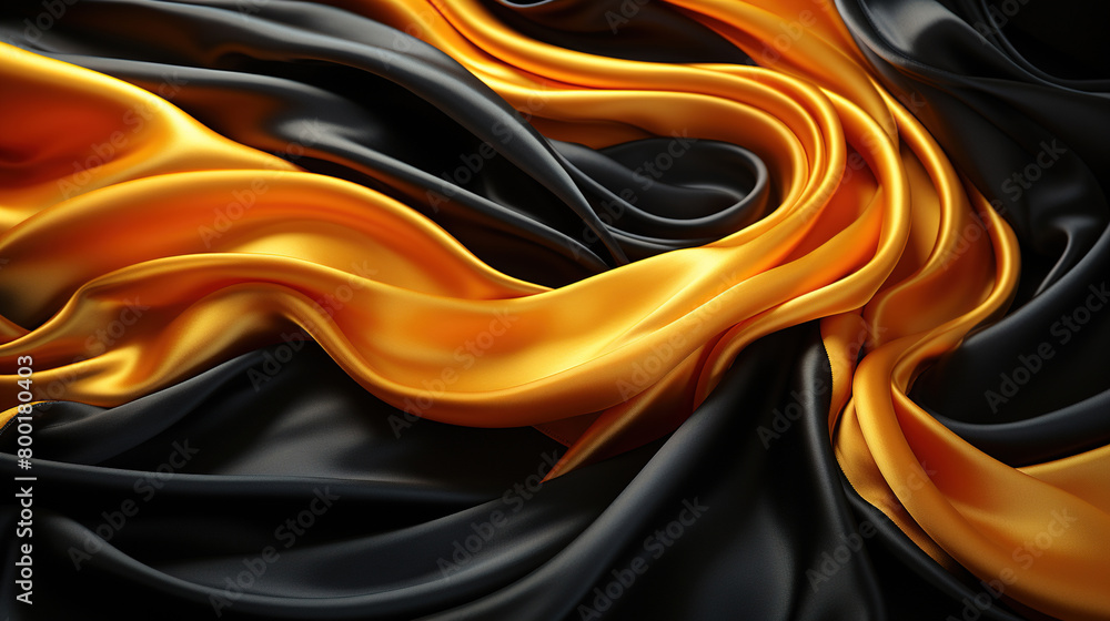 Beautifully Fluttering Black And Gold Color Fabric in Space With Delicate Folds on Blurry Background Beautifully Fluttering Black And Gold Color Fabric in Space With Delicate Folds on Blurry Background