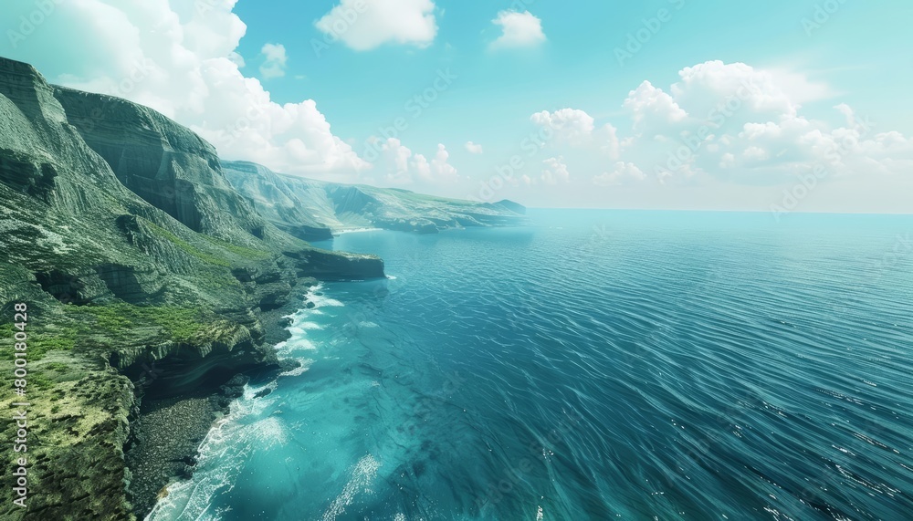 From the high overlook, the expansive ocean stretches into the horizon, realistic cinematic color high detail landscape background
