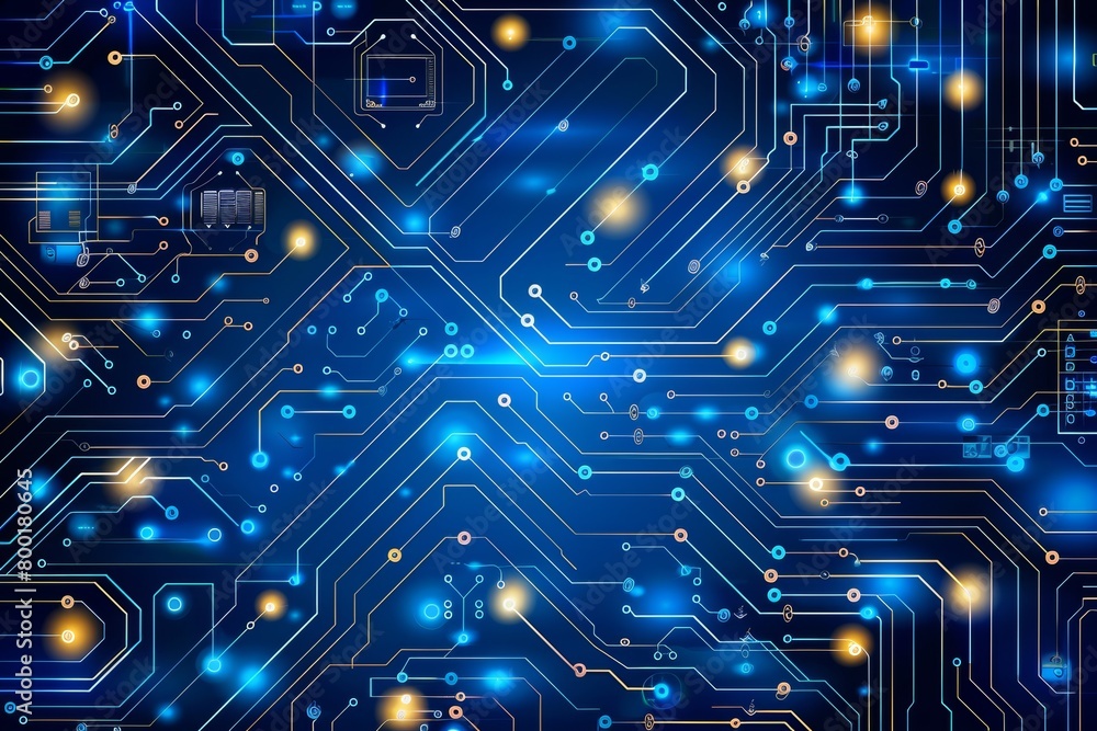 Blue circuit board with illuminated lights and distinctive yellow markings for enhanced visibility Blue circuit board with illuminated lights and distinctive yellow markings for enhanced visibility