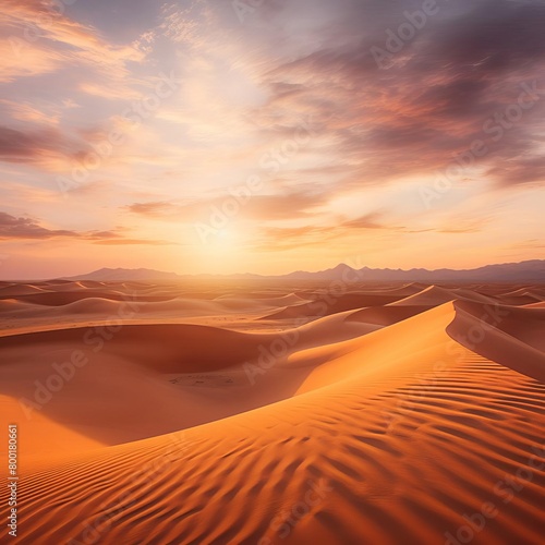 Sandy desert dunes at sunset, with soft contours and warm tones © Pakorn