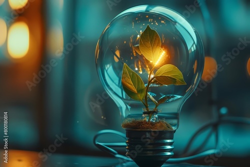 A light bulb with a plant growing inside of it. The light bulb is glowing and the plant is green and healthy. photo
