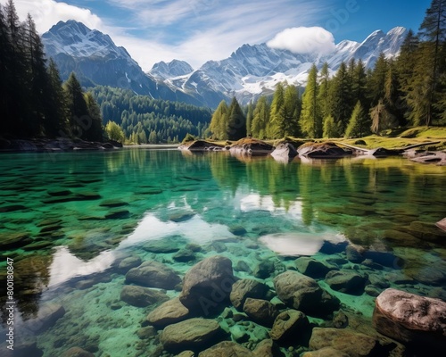 Serene alpine lake with crystal clear waters reflecting surrounding snowcapped mountains