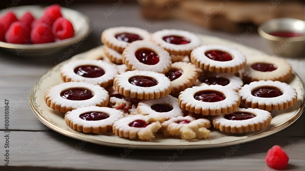 A platter of traditional Austrian Linzer cookies filled with raspberry jam