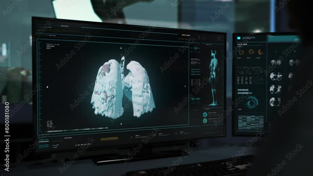 Oncologist Doctor Detects Patients Lung Cancer By Advanced X-ray Equipment. Doctor Uses Medical Laboratory X-ray Equipment. Doctors X-ray Equipment Analyzes Human Lung Cancer Diagnosis. Medical Scan Oncologist Doctor Detects Patients Lung Cancer By Advanced X-ray Equipment. Doctor Uses Medical Laboratory X-ray Equipment. Doctors X-ray Equipment Analyzes Human Lung Cancer Diagnosis. Medical Scan