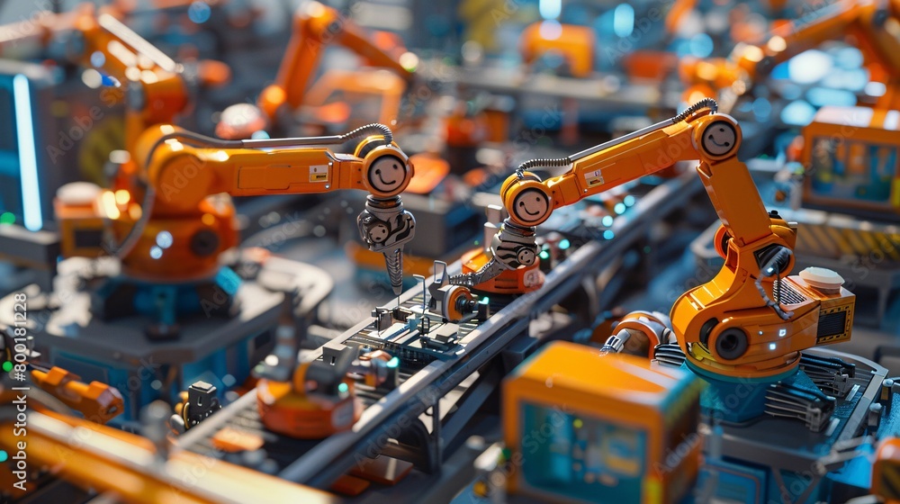 Car Factory 3D Concept: Automated Robot Arm Assembly Line Manufacturing High-Tech Green Energy Electric Vehicles. Construction, Building, Welding Industrial Production Conveyor. Elevated Wide Shot Car Factory 3D Concept: Automated Robot Arm Assembly Line Manufacturing High-Tech Green Energy Electric Vehicles. Construction, Building, Welding Industrial Production Conveyor. Elevated Wide Shot