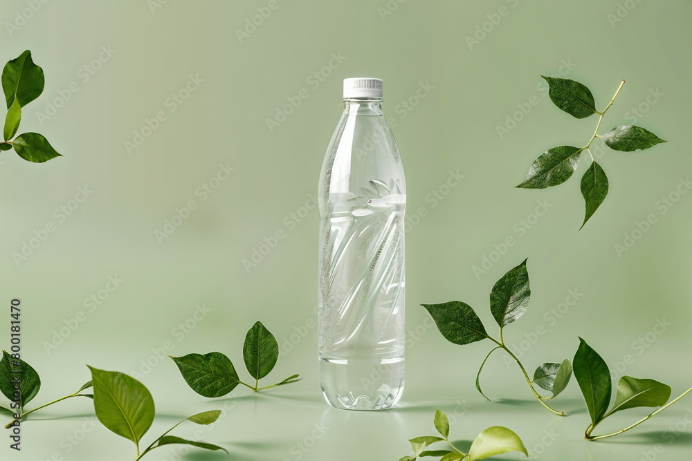 Clear plastic water bottle among green leaves on light background with copy space. Environmental pollution and eco-friendly packaging concept. Design for green initiatives, awareness poster, eco. Clear plastic water bottle among green leaves on light background with copy space. Environmental pollution and eco-friendly packaging concept. Design for green initiatives, awareness poster, eco.