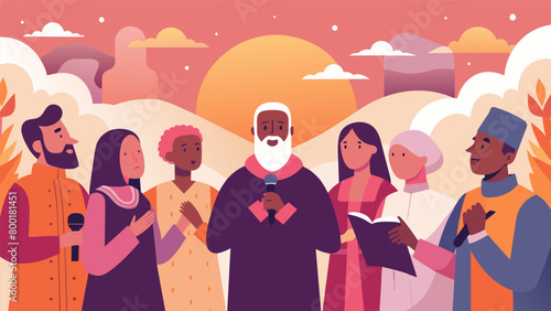 As the sky turns shades of pink and orange leaders from different religious communities join together in song their voices harmonizing as they spread. Vector illustration