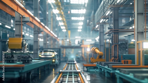 Car Factory 3D Concept: Automated Robot Arm Assembly Line Manufacturing High-Tech Green Energy Electric Vehicles. Construction, Building, Welding Industrial Production Conveyor. Elevated Wide Shot © AriyaniAI