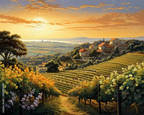 Sprawling vineyard with rows of grapevines and interspersed roses  under a clear sunset sky