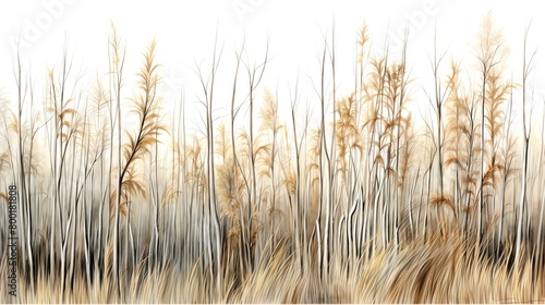 Tall reeds swaying  hints of brown and green  detailed with high precision  forming a naturalistic border  isolated on white background  watercolor
