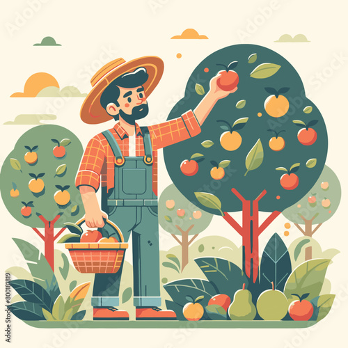 illustration of a farmer harvesting orange fruit