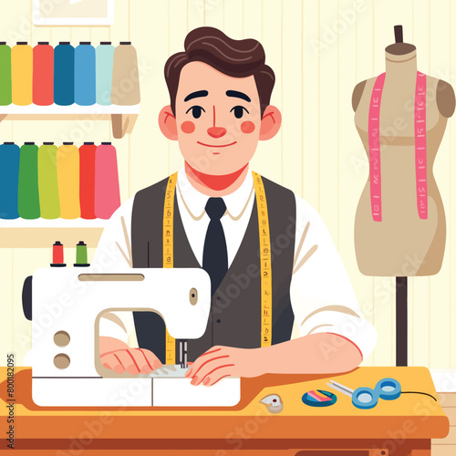 illustration of a fashion designer sewing clothes with a sewing machine