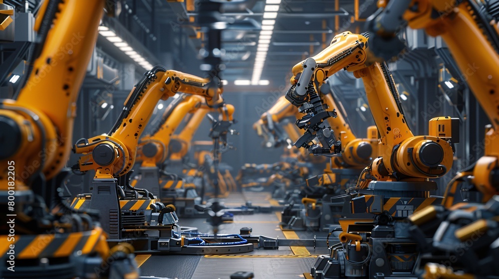 Car Factory 3D Concept: Automated Robot Arm Assembly Line Manufacturing High-Tech Green Energy Electric Vehicles. Construction, Building, Welding Industrial Production Conveyor. Elevated Wide Shot Car Factory 3D Concept: Automated Robot Arm Assembly Line Manufacturing High-Tech Green Energy Electric Vehicles. Construction, Building, Welding Industrial Production Conveyor. Elevated Wide Shot