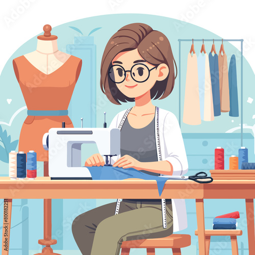 illustration of a fashion designer sewing a costume