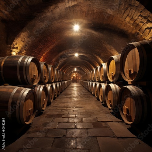 Underground wine cellar with rows of aged wine barrels in a historic vineyard