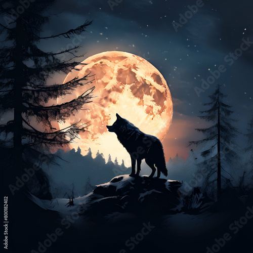 a lone wolf silhouetted against the backdrop of a full moon in a snowy landscape,generate ai