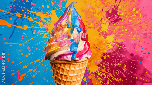 Wow pop art Ice cream. Colorful background in pop art retro comic style. Summer concept pop art 